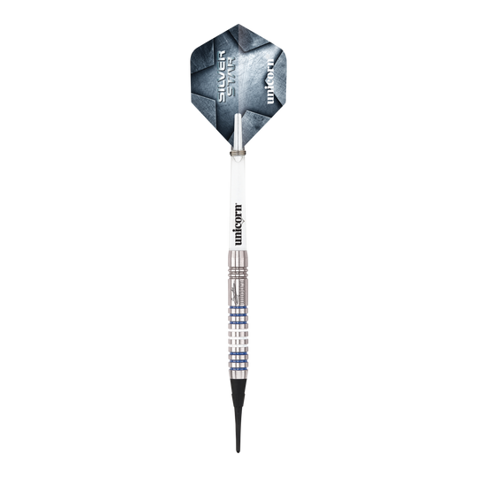 Unicorn Silver Star Var.3 Gary Anderson Softdarts Hier sind die Unicorn Silver Star Var.3 Gary Anderson Softdarts zu sehen. Die silbernen Dartpfeile sind detailliert abgebildet.