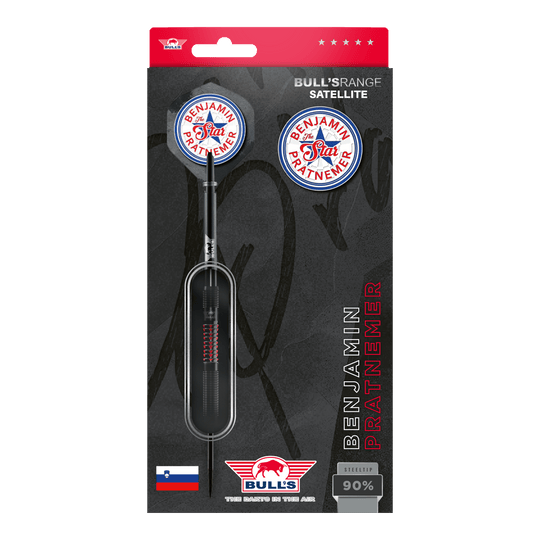 Dardos de acero Bulls NL Benjamin Pratnemer - 20 g Das Bild zeigt die Verpackung der "Bulls NL Benjamin Pratnemer Steeldarts - 20g". Auf der Verpackung sind ein Dartpfeil, Ersatzflights und der Name Benjamin Pratnemer abgebildet.