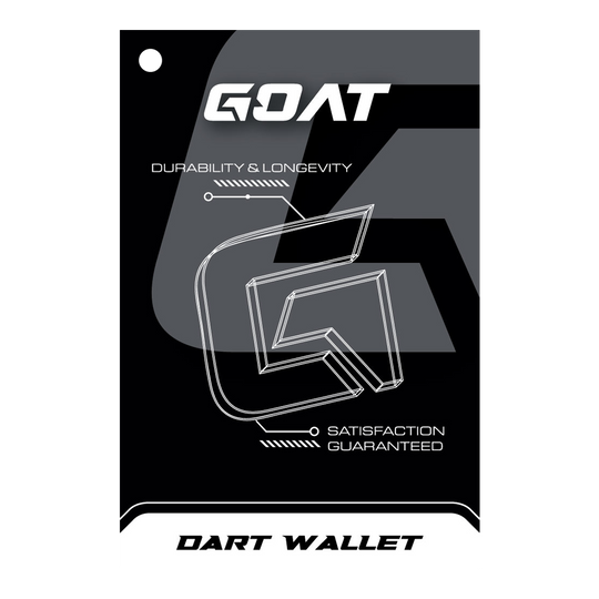 GOAT Locker XL Dartwallet Das Bild zeigt die Verpackung des Produkts "GOAT Locker S Dartwallet". Es hebt die Eigenschaften Langlebigkeit und Zufriedenheit hervor.
