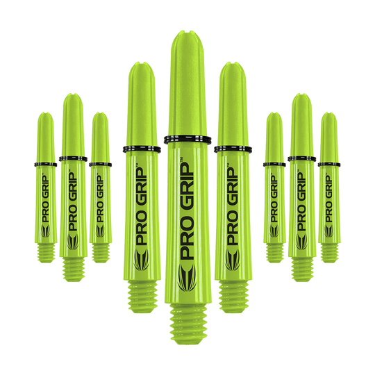 Target Pro Grip Shafts - 3 sady - Lime Green Auf dem Bild sind mehrere limegrüne Pro Grip Dartschäfte zu sehen. Sie sind in drei Sets angeordnet und tragen die Aufschrift "PRO GRIP".