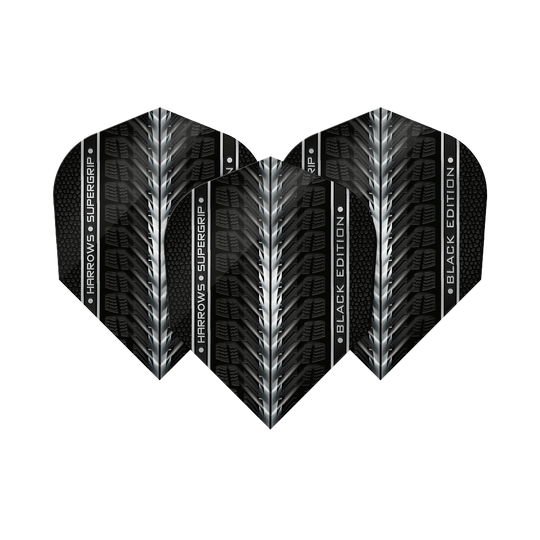 Harrows Supergrip Black Edition No6 Flights Das Bild zeigt die "Harrows Supergrip Black-Edition No6 Flights" in einem schwarzen Design mit silbernen Akzenten. Die Flights haben eine strukturierte Oberfläche und den Schriftzug "Harrows Supergrip Black Edition".