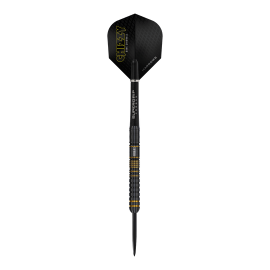 Stalowe lotki Harrow's Dave Chisnall Chizzy Series 3 Das Bild zeigt den Harrows Dave Chisnall Chizzy Series 3 Steeldart. Der Dart ist schwarz mit gelben Akzenten und hat den Schriftzug "CHIZZY" auf dem Flight.