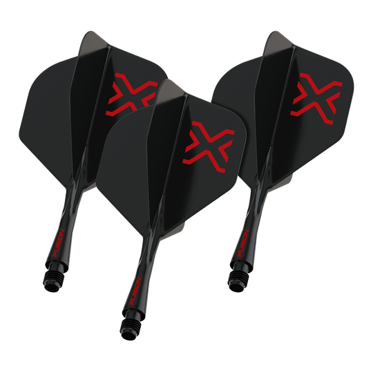 Winmau Fusion Blade X No2 Standard Flight-Shaft-System - Schwarz Das Foto zeigt einen Artikel namens 8863_Winmau_Fusion_Blade_X_No2_Standard_Flights_Schwarz_22mm_1Set. Vermutlich handelt es sich um ein Set schwarzer Dart-Flights der Größe 22mm.