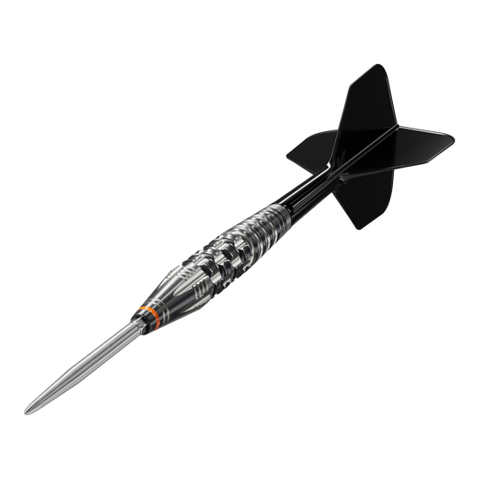 Target Japan Black Marque Dancing Duck GEN 4 Steeldarts Das Bild zeigt einen Steeldartpfeil mit schwarzer Spitze und schwarzen Flights, genannt "Target Japan Black Marque Dancing Duck GEN 4 Steeldarts". Der Dartpfeil hat ein silbernes, glänzendes Griffstück mit feinen Rillen und Gravuren.