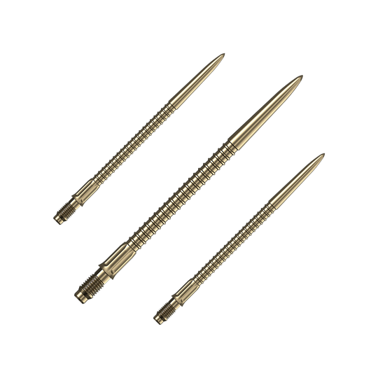 Das Bild zeigt ein Set goldener Dartspitzen Mission R25 Rapid Point mit einer Länge von 40mm. Die Spitzen liegen nebeneinander auf einer hellen Fläche.