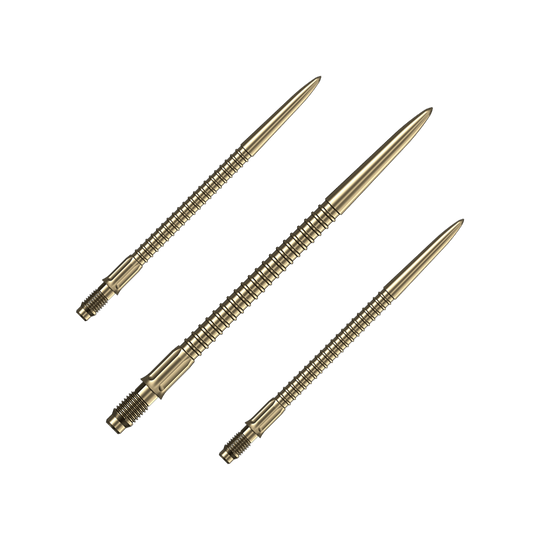 Mission R2.5 Rapid Point GV1 Dartspitzen - Gold Das Bild zeigt ein Set goldener Dartspitzen Mission R25 Rapid Point mit einer Länge von 40mm. Die Spitzen liegen nebeneinander auf einer hellen Fläche.