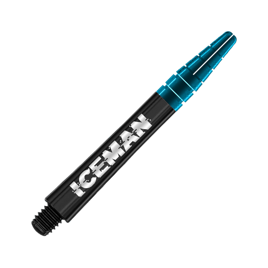 Das Bild zeigt einen schwarzen Dartshaft mit der Aufschrift „ICEMAN“. Das vordere Ende des Shafts ist transparent blau.