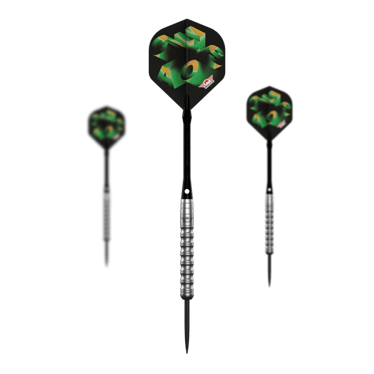 Dardos Bulls NL Chaos de acero verde - 24 g Abgebildet ist das komplette Set der Bulls NL Chaos Green Steeldarts - 24g. Das Set enthält mehrere grüne Steeldarts.