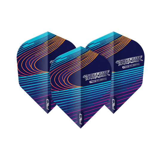 Letky Red Dragon Peter Wright Snakebite Multi No6 Das Bild zeigt drei Dart-Flights mit dem Namen "Red Dragon Peter Wright Snakebite Multi No6 Flights". Die Flights sind dunkelblau mit bunten, geschwungenen Linien und dem Schriftzug "Snakebite".