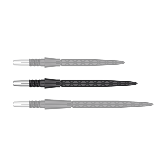 Target Swiss Storm Diamond Point Dart Tips - Black Das Bild zeigt drei schwarze Dartspitzen mit einem silbernen Ansatz. Die Spitzen haben ein diamantförmiges Muster entlang des Schaftes.