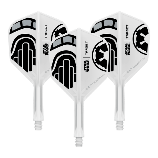 Voli Target Star Wars K-Flex Stormtrooper No6 Ein Set von Dart-Flights der Star Wars KFlex Stormtrooper No6 Serie ist dargestellt. Die Flights sind kurz und 19 mm lang.