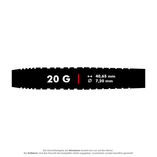 Šipky Red Dragon Luke Humphries TX3 Gold SE Softdarts - 20g Das Bild zeigt die Maße und das Gewicht der Red Dragon Luke Humphries TX3 Gold SE Softdarts. Der Dart wiegt 20 Gramm, ist 40,65 mm lang und hat einen Durchmesser von 7,20 mm.