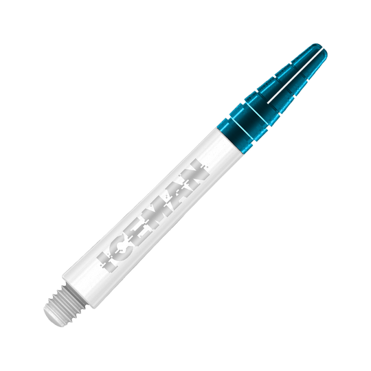 C635_Red_Dragon_Nitrotech_Gerwyn_Price_Shafts_White_42mm_2 Das Bild zeigt einen weißen Dart-Schaft mit dem Schriftzug "ICEMAN" darauf. Das obere Ende des Schafts ist blau-transparent.