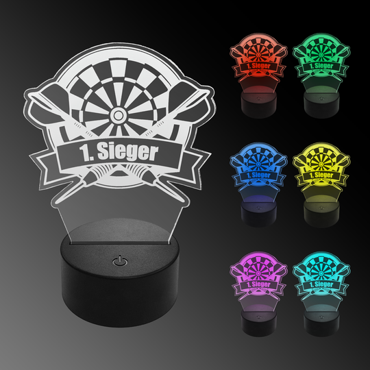 Lampa rzutkowa LED z pleksiglasu z niestandardowym tekstem Das Bild zeigt eine LED-Lampe in Form eines Dartboards mit der Aufschrift „1. Sieger“. Rechts sind sechs weitere Lampen in verschiedenen Farben zu sehen.