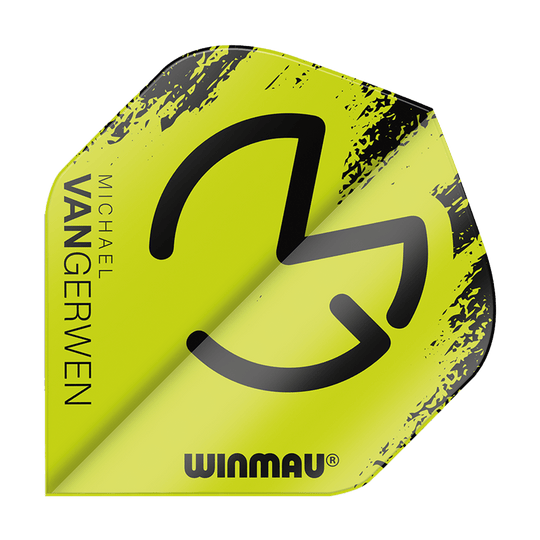 6900-232_Winmau_Mega_MvG_Black_Green_Standard_Flights_1sXWZZ3esEqClU Das Bild zeigt ein Dart-Flügel (Flight) in leuchtendem Grün mit schwarzem Design und dem Logo von Winmau. Auf der linken Seite steht der Name "Michael van Gerwen".