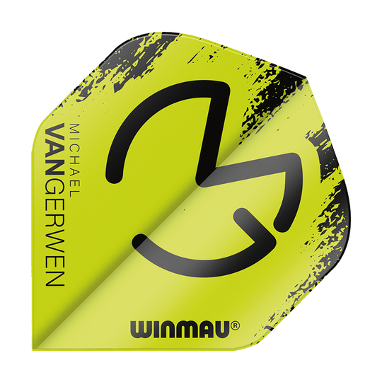 6900-232_Winmau_Mega_MvG_Black_Green_Standard_Flights_1sXWZZ3esEqClU Winmau Mega MvG Black Green Standard Flights mit auffälligem Muster. Die Flights liegen gestaffelt.