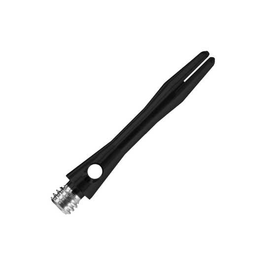 HR366_Harrows_Keramic_Shafts_Schwarz_35mm_2 Das Bild zeigt einen Harrows Keramic Shaft in mattem Schwarz. Der Schaft hat ein elegantes, glattes Design mit einem silbernen Gewinde am Ende.