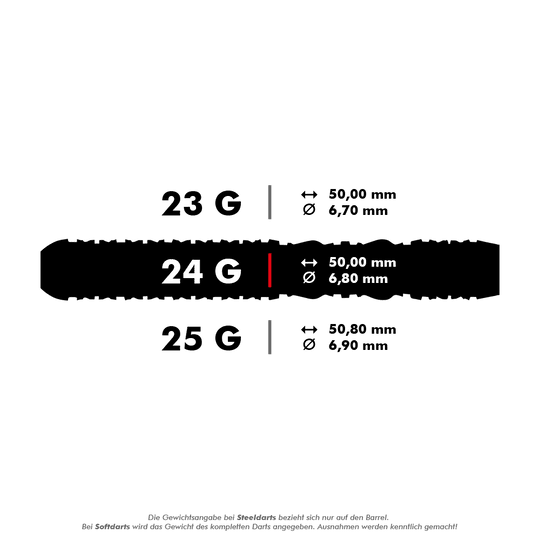 Disparo de dardos de acero Juno del Imperio Romano Das Bild zeigt drei verschiedene Varianten von Steeldarts mit den Gewichten 23 g, 24 g und 25 g sowie deren jeweilige Maße. Die genauen Längen und Durchmesser der Darts sind für jede Gewichtsklasse angegeben.