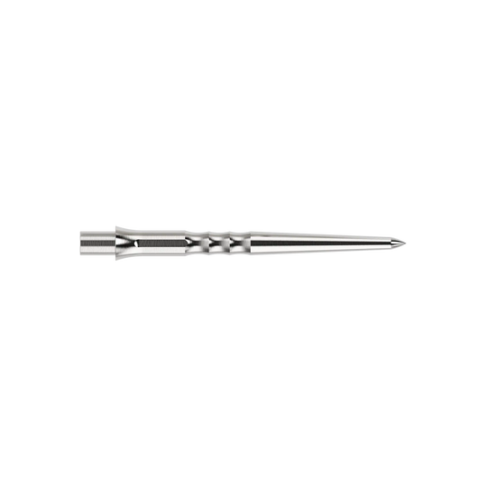 Puntas de dardos de acero Caliburn System - Ondulación - Sin labio - Plateadas Das Bild zeigt eine silberne Caliburn Evo System Steeldartspitze Ripple NoLip, 28 mm lang. Die Spitze ist einzeln abgebildet.