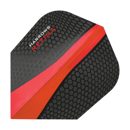 HR64_Harrows_Retina_Rot_No2_Standard_Flights_1 Das Bild zeigt ein Harrows Retina Rot No6 Flight. Das Flight ist schwarz mit einer roten Linie und einem wabenförmigen Muster.