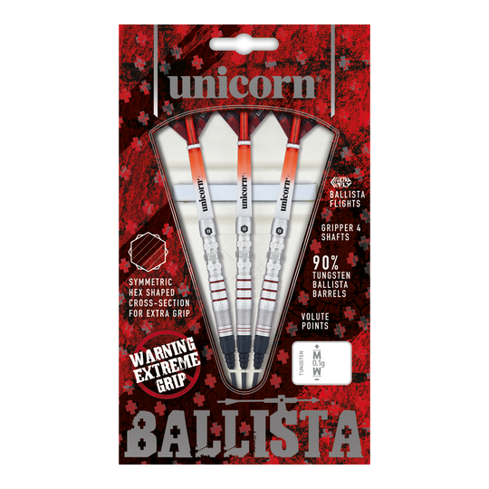 Unicorn Ballista Style 3 freccette morbide Das Bild zeigt eine Packung "Unicorn Ballista Style 3 Softdarts" mit drei Dartpfeilen. Die Verpackung hebt das symmetrische Hex-Muster für zusätzlichen Grip und 90% Tungsten-Barrels hervor.