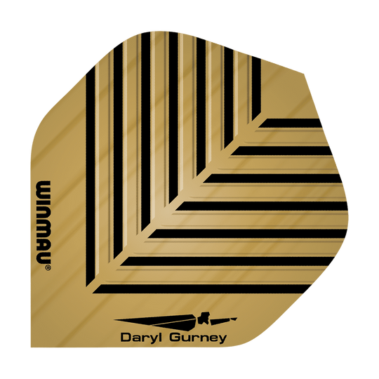 6800-114_Winmau_Daryl_Gurney_Embossed_Flights_1TKPrCUP7kBKH3 Das Bild zeigt das Produkt "Winmau Daryl Gurney Embossed Flights". Das Flight ist goldfarben mit schwarzen Linienmustern und trägt die Namen "Winmau" und "Daryl Gurney".