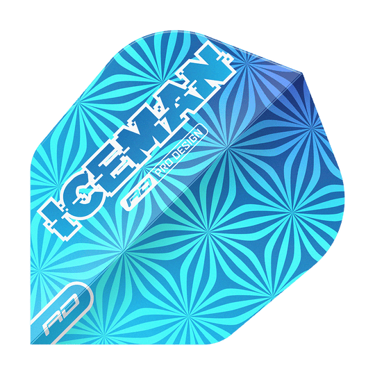 Lety Red Dragon Gerwyn Price Iceman Blue No6 Das Bild zeigt einen blauen Dart-Flight mit einem auffälligen geometrischen Muster. Auf dem Flight steht in weißen Buchstaben das Wort „ICEMAN“ sowie „RD PRO DESIGN“.