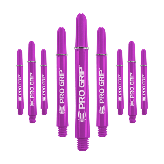 Target Pro Grip Shafts - 3 Sets - Purple Das Bild zeigt neun lila Dartschäfte der Marke "Pro Grip". Sie sind in drei Gruppen angeordnet, jeweils drei in der Mitte, links und rechts.