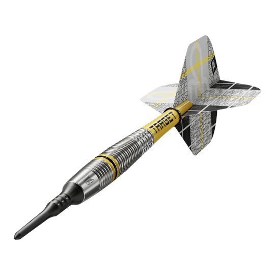 Dardos blandos Target Scott Williams GEN2 - 18 g Das Bild zeigt einen Target Scott Williams GEN2 Softdart mit einem Gewicht von 18 Gramm. Der Dart hat ein silbernes Barrel mit gelben Akzenten und einen schwarz-gelben Flight.