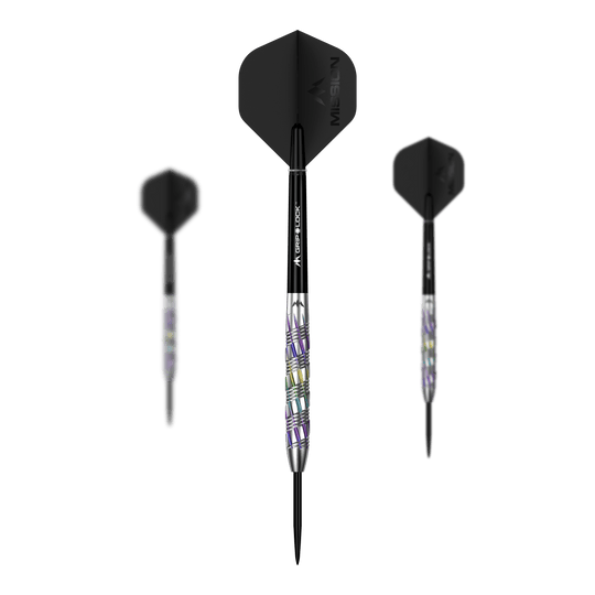 Dardos de acero Shuriken de Mission Mission Shuriken Steeldarts werden auch als Set angeboten. Auf diesem Bild ist ein komplettes Set der Mission Shuriken Steeldarts abgebildet.