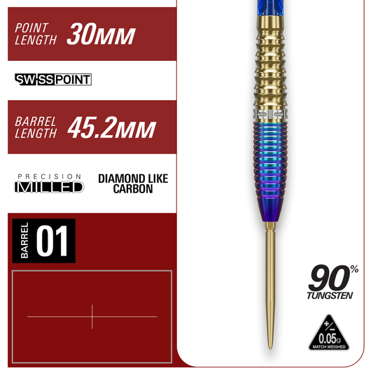 Ocelové šipky Target Japan Prime Series Zenith GEN2 Swiss Point - 23g Dies zeigt die Target Japan Prime Series Zenith GEN2 Swiss Point Steeldarts mit einem Gewicht von 23g. Das Bild hebt das Design und die Qualität der Darts hervor.