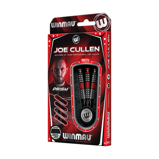 2451_Winmau_Joe_Cullen_Special_Edition_Softdarts_3 Die Abbildung zeigt eine Packung Winmau Joe Cullen Special Edition Softdarts. Die Verpackung ist rot-schwarz gestaltet und enthält drei Darts mit 90% Tungsten-Anteil.
