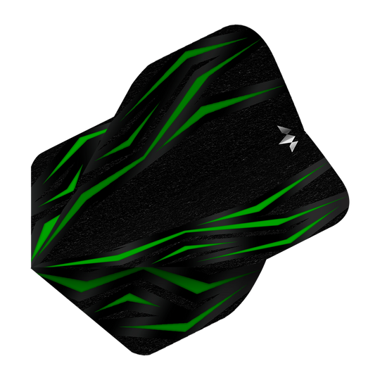 Standardní lety Mission Lava Green č. 2 Das Bild zeigt das Produkt „Mission Lava Green No2 Standard Flights“. Es ist ein schwarzes Dart-Flight mit grünen, lavamusterartigen Linien.