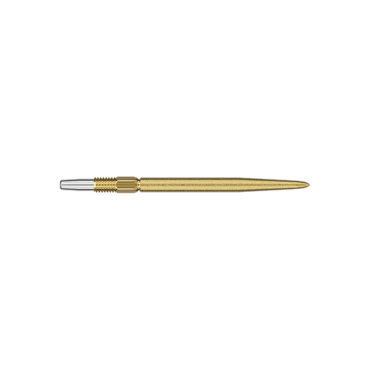 Puntas de dardos Target Swiss Point SLK - doradas Das Bild zeigt eine goldene Dartspitze mit einem silbernen Anschlussstück. Die Spitze ist schlank und etwa 30 mm lang.