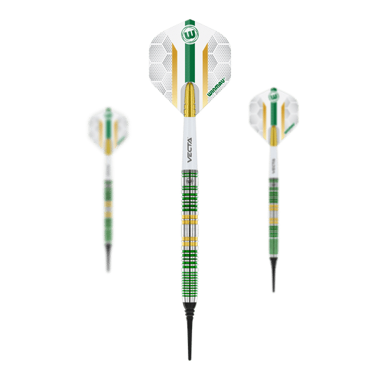 Dardos blandos Winmau Xenon - 20 g Das Bild zeigt drei Winmau Xenon Softdarts mit einem Gewicht von 20 Gramm. Die Darts haben ein auffälliges grünes, gelbes und silbernes Design mit weißen Flights.