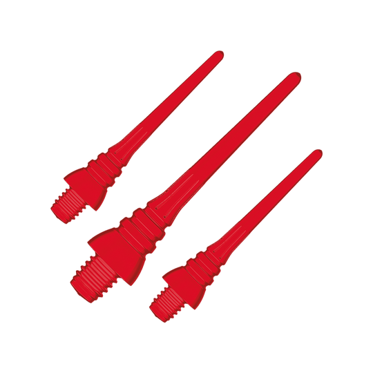 Winmau Triton Softtip Points Softdartspitzen (50-er Pack) Das Bild zeigt drei rote Softdartspitzen mit Gewinde. Sie sind nebeneinander angeordnet und vollständig sichtbar.