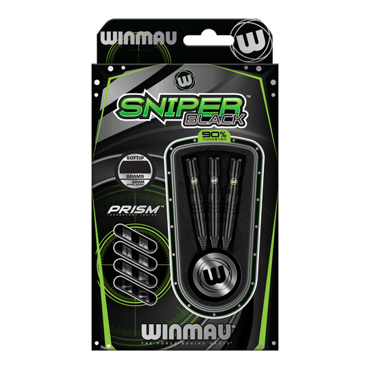 Měkké šipky Winmau Sniper Black - 20g Die Abbildung zeigt die Winmau Sniper Black Softdarts mit einem Gewicht von 20g. Die Verpackung enthält drei schwarze Softdarts aus 90% Tungsten.