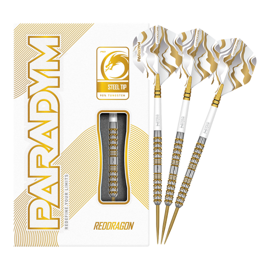 Abgebildet sind die Red Dragon Paradym Gold Parallel Steeldarts in voller Länge. Diese Steeldarts zeichnen sich durch ein geradliniges und glänzendes Design aus.