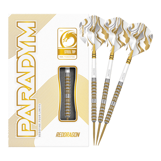 Ocelové šipky Red Dragon Paradym Gold Parallel Abgebildet sind die Red Dragon Paradym Gold Parallel Steeldarts in voller Länge. Diese Steeldarts zeichnen sich durch ein geradliniges und glänzendes Design aus.