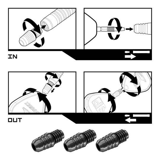 Convertisseur Target Swiss Point 2BA - Noir Das Bild zeigt die Montage- und Demontageanleitung für den Target Swiss Point 2BA Converter - Schwarz. Unten im Bild sind drei der schwarzen Converter abgebildet.