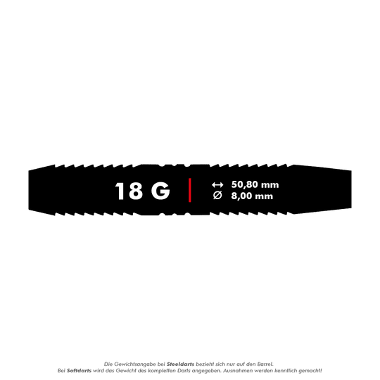 2235-18_Winmau_Outrage_Black_Coated_Brass_Softdarts_5-18g Das Bild zeigt den Winmau Outrage V1 Black Coated Brass Softdart mit einem Gewicht von 18 Gramm. Die Maße des Barrels sind 50,80 mm Länge und 8,00 mm Durchmesser.