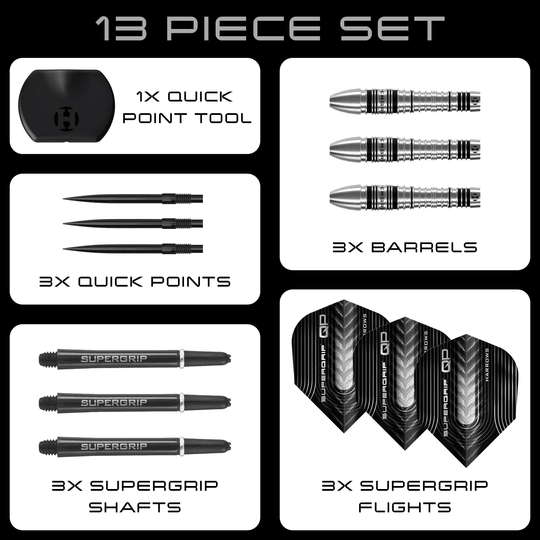 Hier sind die Harrows Supergrip Bomb Quick Point Steeldarts zu sehen. Die Darts eignen sich hervorragend für präzises Spiel.