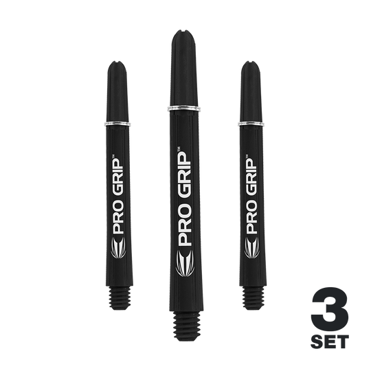 Target Pro Grip Shafts - 3 Sets - Black Das Bild zeigt drei schwarze Dartschäfte der Marke "Pro Grip". In der rechten unteren Ecke steht "3 Set".