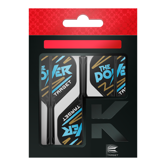 Systém standardní letové hřídele Target K-Flex Phil Taylor No2 Das Bild zeigt eine Packung „Target K-Flex Phil Taylor No2 Standard Flights“. Die Flights sind überwiegend schwarz und weiß mit blauen und goldenen Akzenten und der Aufschrift „The Power“.