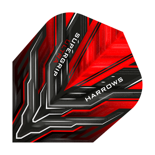 HR9_Harrows_Supergrip_Ultra_Red_Standard_Flights_1JPaPUWtAjl7WM Das Bild zeigt ein Harrows Supergrip Ultra Red Standard Flight für Dartpfeile. Das Design ist überwiegend rot mit schwarzen und silbernen Akzenten und weißen Schriftzügen.