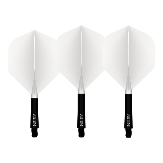 Red Dragon Nitro Flite Solid White and Black Short Abgebildet ist der Red Dragon Nitroflite Black Shaft White Flights No2. Es handelt sich um einen Dart-Schaft in Schwarz mit weißen Flights.