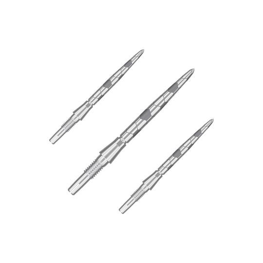 Puntas de dardos Target Swiss Storm Onyx Point - Plateadas Auf dem Bild sind drei silberne Dartspitzen zu sehen. Sie haben ein längliches, geriffeltes Design und sind aus Metall gefertigt.