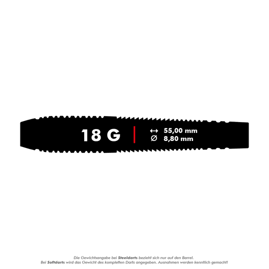 HA13968_Harrows_Blaze_Style_A_Softdarts_5_18g Das Bild zeigt die Produkteigenschaften der Harrows Blaze Style A Softdarts mit einem Gewicht von 18 Gramm. Die Darts sind 55,00 mm lang und haben einen Durchmesser von 8,80 mm.