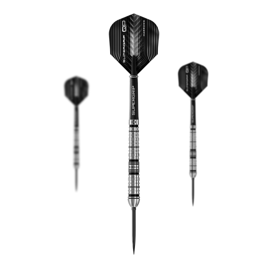 Das Produktbild präsentiert die Harrows Supergrip QP Tapered Quick Point Steeldarts. Diese Darts zeichnen sich durch ihre spezielle Form und hochwertige Verarbeitung aus.
