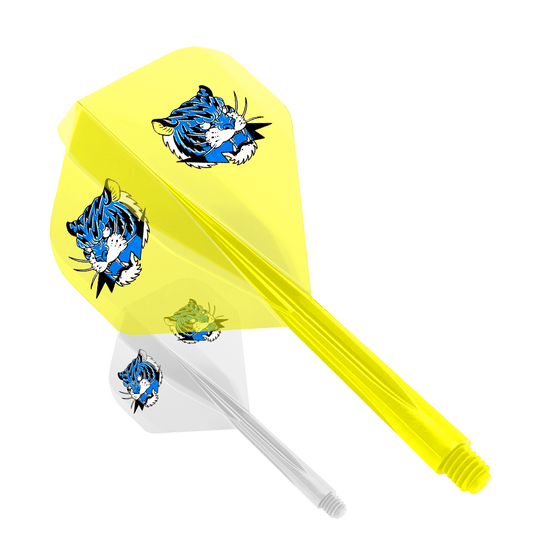 Condor AXE Inazuma Tiger Mix Flight-System Yellow Clear - Small Das Bild zeigt das Produkt "Condor AXE Inazuma Tiger Mix Flight-System Yellow Clear - Small". Es handelt sich um einen gelben Dart-Flügel mit einem auffälligen Tigerkopf-Design.